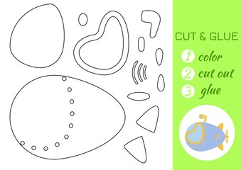 Color, cut and glue paper blue submarine. Cut and paste craft activity page. Educational game for preschool children. DIY worksheet. Kids logic game, activities jigsaw. Vector stock illustration.