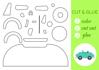 Color, cut and glue paper green car. Cut and paste craft activity page. Educational game for preschool children. DIY worksheet. Kids logic game, activities jigsaw. Vector stock illustration.