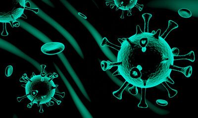 3D rendering. Green microscopic Covid-19 spiked virus. World crisis pandemic.