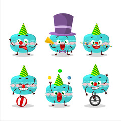 Naklejka premium Cartoon character of blueberry macaron with various circus shows