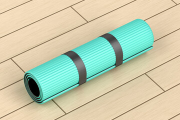 Rubber fitness mat on wood floor