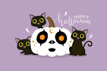Happy Halloween greeting card with cute black cat and spooky pumpkin painting witch face . Animal holidays cartoon character. -Vector.