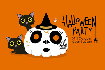 Happy Halloween greeting card with cute black cat and spooky pumpkin painting witch face . Animal holidays cartoon character. -Vector.