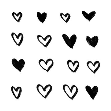 Hand drawn hearts. Design elements for Valentine's day. Hand drawn rough marker hearts isolated on white background. Set of unique hand drawn hearts. Painted design elements.