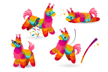 Mexican donkey pinata and bat, colorful toys with treats and confetti for child birthday, party celebration, carnival or fiesta, cute paper animals for candies, Cartoon vector illustration, icons set