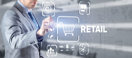 Retail concept marketing channels E-commerce Shopping automation on virtual screen