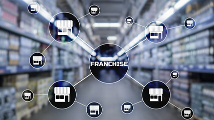 Franchise lettering on blurred warehouse background. Marketing system