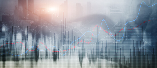 Abstract financial illustration. Double exposure of coloured lines, growing numbers, online trading