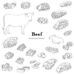 黒毛和牛のイラストセット-手描きの線画