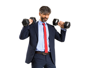 Stylish fit businessman in suit working out with weights