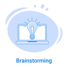 The brainstorming icon and a new idea.Search for ideas, use of intelligence and knowledge.A laptop and a light bulb.Vector illustration of a thin line icon on a blue background.