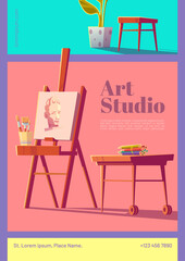 Art studio cartoon flyer with artist stuff canvas on easel, paintbrushes, colored pencils on wooden desk and potted plant. Creative design for painter classes or workshop ad, vector illustration