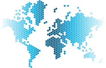 Blue hexagon world map on white background.