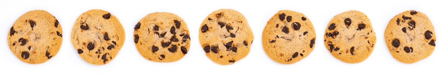 Isolated clipping path of die cut dark chocolate chip cookies ​on white background of close up tasty bakery organic homemade American biscuit sweet dessert