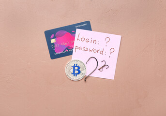 Credit card, bitcoin, hooks and paper with text LOGIN, PASSWORD on color background. Hacking concept