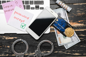 Composition with laptop, phone, credit card, handcuffs and money on wooden background. Hacking concept