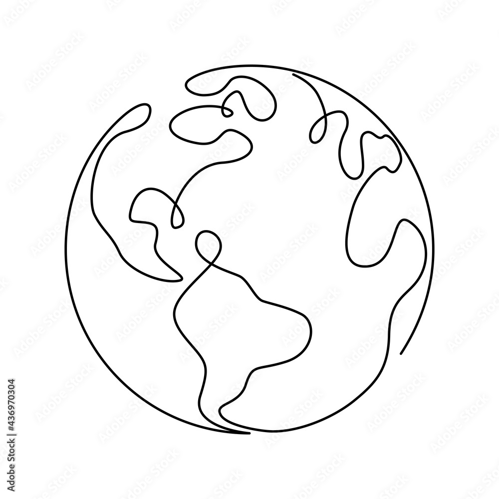 Fototapete earth globe in one continuous line drawing. round world map in simple doodle style. infographic terr