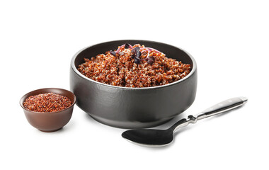Bowl with tasty quinoa on white background