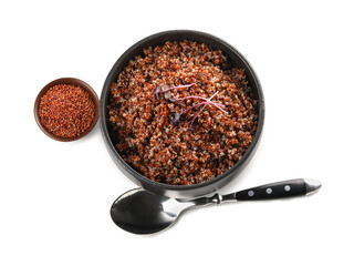Bowl with tasty quinoa on white background