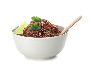 Bowl with tasty quinoa and lime on white background