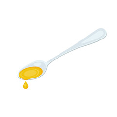 Spoon with oil. Dietary olive oil in a silver spoon. Vector illustration flat design. Isolated on white background. Pattern for cooking and demonstration of natural product.
