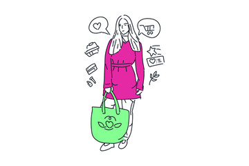 happy woman shopping Hand drawn minimalist vector Illustration  for presentation, website, mobile and print.
