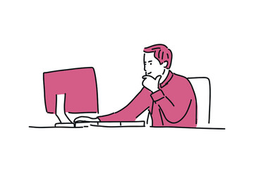 man working in office with monitor Hand drawn minimalist vector Illustration  for presentation, website, mobile and print.