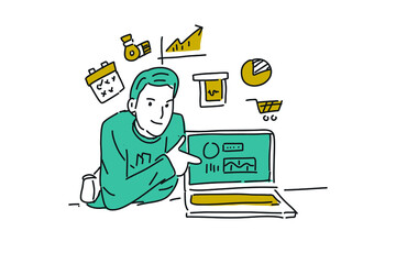 businessman presentation with laptop about businessHand drawn minimalist vector Illustration  for presentation, website, mobile and print.