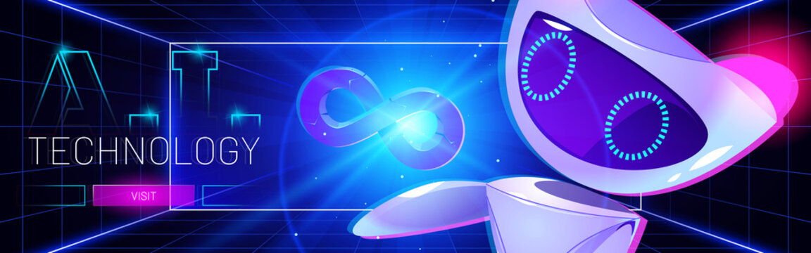 Technology cartoon web banner, artificial intelligence robot at neon glowing hud technological background with infinity symbol. Futuristic ai cyborg or droid, robotics and automation Vector concept