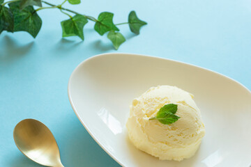 Ice cream on light blue background.  水色背景上のアイスクリーム