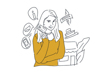 happy woman shopping with card payment Hand drawn minimalist vector Illustration  for presentation, website, mobile and print.