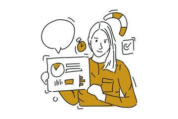 businesswoman presentation business with chart Hand drawn minimalist vector Illustration  for presentation, website, mobile and print.
