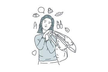 happy woman shopping with many discount Hand drawn minimalist vector Illustration  for presentation, website, mobile and print.