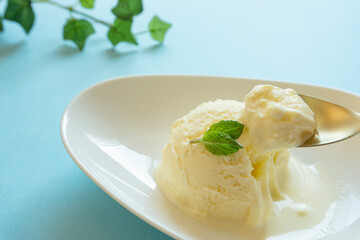 Ice cream on light blue background.  水色背景上のアイスクリーム