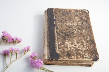 Very Old Book Dry Flowers White Background Concept Vintage Memory