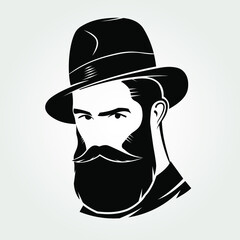 Bearded handsome men in a fedora hat. Hipster face icon isolated. Vector illustration - obrazy, fototapety, plakaty