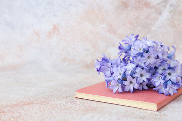 Beautiful hyacinth flowers and notebook on light background