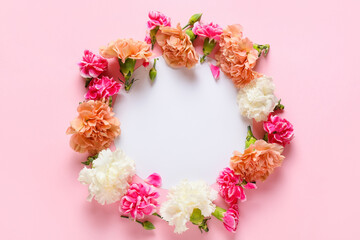 Frame made of beautiful carnation flowers on color background