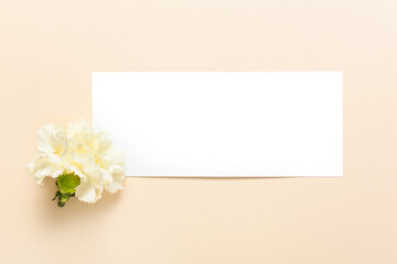 Fototapeta premium Beautiful carnation flower and blank card on color background