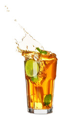 Glass of tasty cold ice tea with lemon on white background