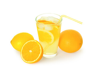 Glass of tasty cold lemonade and citrus fruits on white background