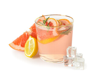 Glass of tasty grapefruit lemonade on white background