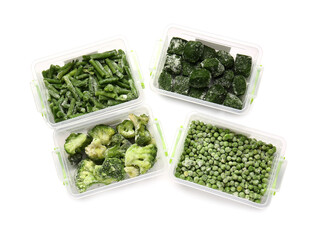 Plastic containers with frozen vegetables on white background