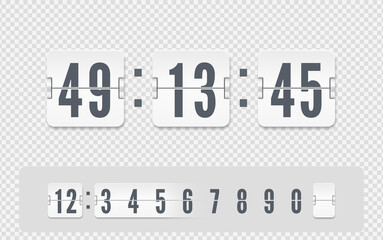 White scoreboard number font with shadows isolated on transparent background. Vector coming soon web page design template with flip time counter. Vector illustration template.