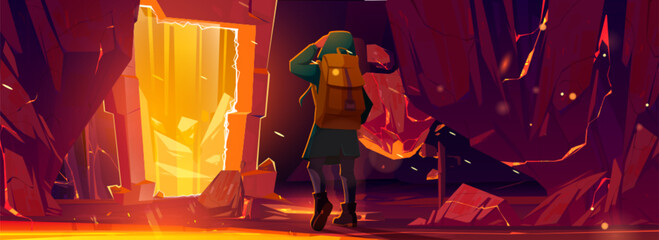 Traveler man stand at teleport or magic portal in stone frame inside of mountain cave. Fantasy scene hiker with backpack discover ancient secret door to parallel world, Cartoon vector illustration © klyaksun
