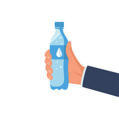 Bottle of water holding in hands of a man. Vector illustration flat design. Isolated on white background. Clean mineral water bottle. Container aqua.