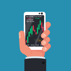 Phone screen with financial trading graph. Trades on financial stock exchange. Tradings concept. Stock exchange. Forex market. Vector illustration flat design.