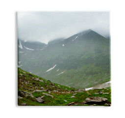 Photo printed on canvas, white background. Picturesque view of beautiful foggy mountains and cloudy sky