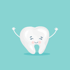 Happy cartoon tooth with smile isolated on blue background. Vector illustration for dentistry.