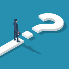Road forward in form of question mark. What's next. Big question mark on way. Businessman in suit with briefcase looking unknown open. Vector illustration isometric 3D design. Isolated on background.